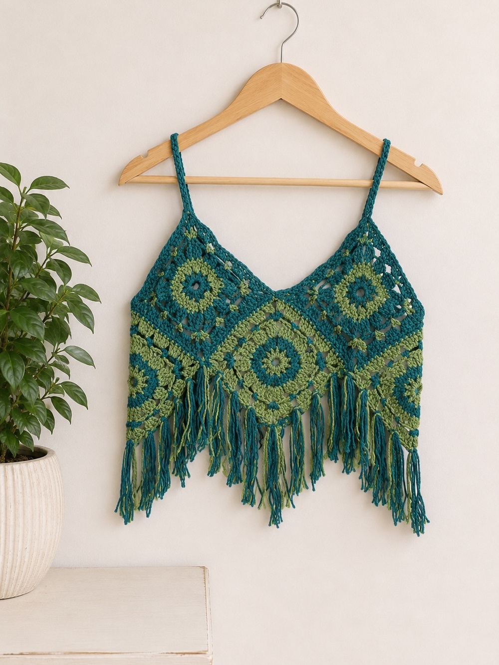 Boho Crochet Fringe Crop Top Blue Green Festival Knit Tank Hippie Bohemian Small